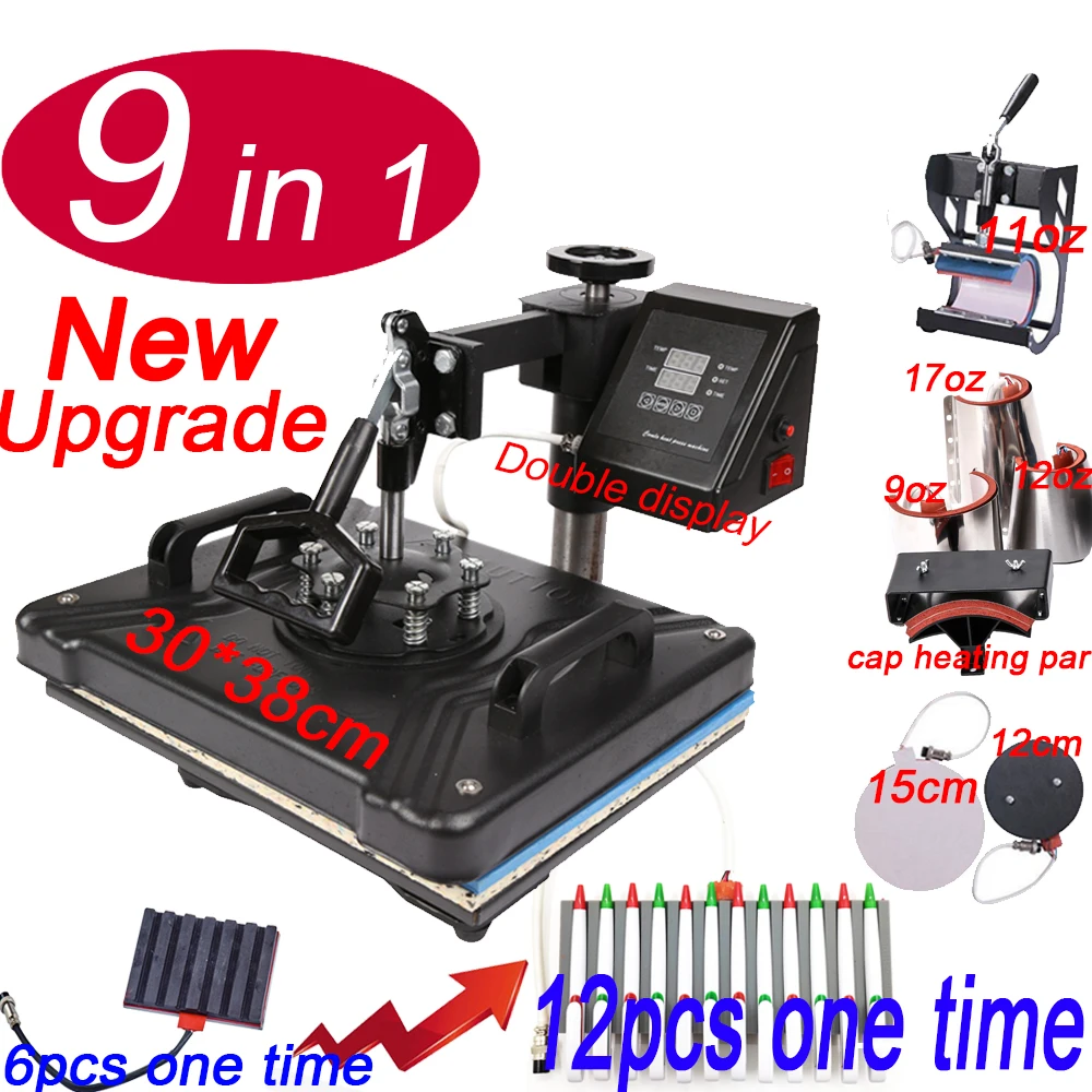 

Promotions 9 in 1 Combo Heat Press Machine Sublimation Heat Press Heat Transfer Printer For Mug/Cap/T shirt/Phone Cases/pen