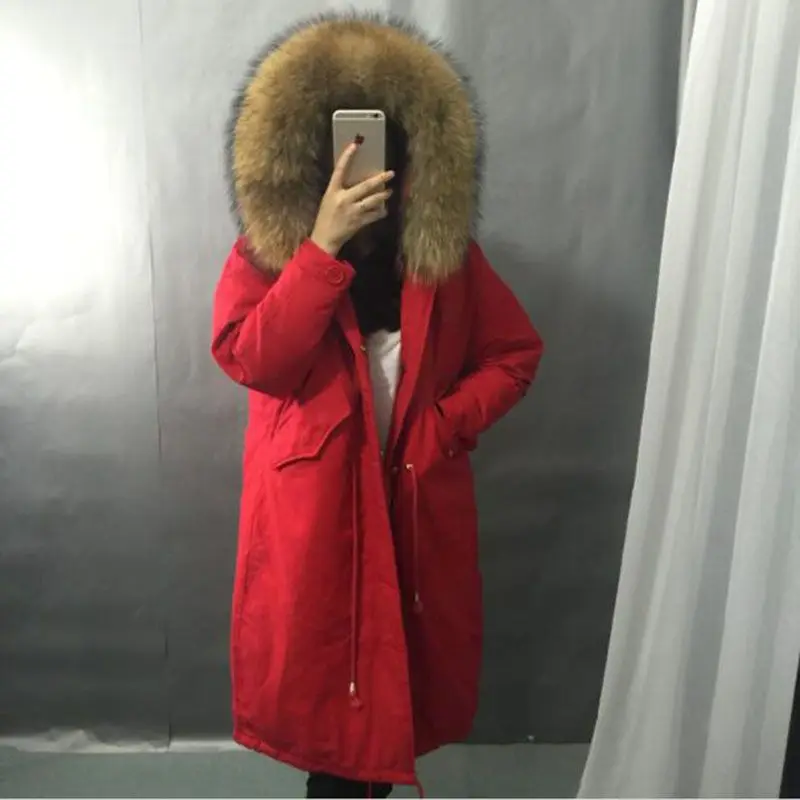Зимняя куртка Для женщин утка вниз пальто Для женщин s Зимняя куртка s и пальто Парка на пуху с большой натуральный мех енота меховой воротник с капюшоном - Цвет: Красный