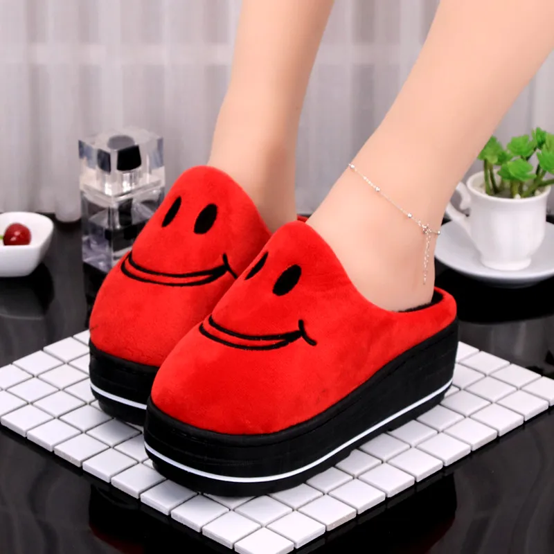 

Winter cotton slippers cute smiley high heel built-in plush slippers keep warm home slip non-slip wool shoes wool increase 5cm