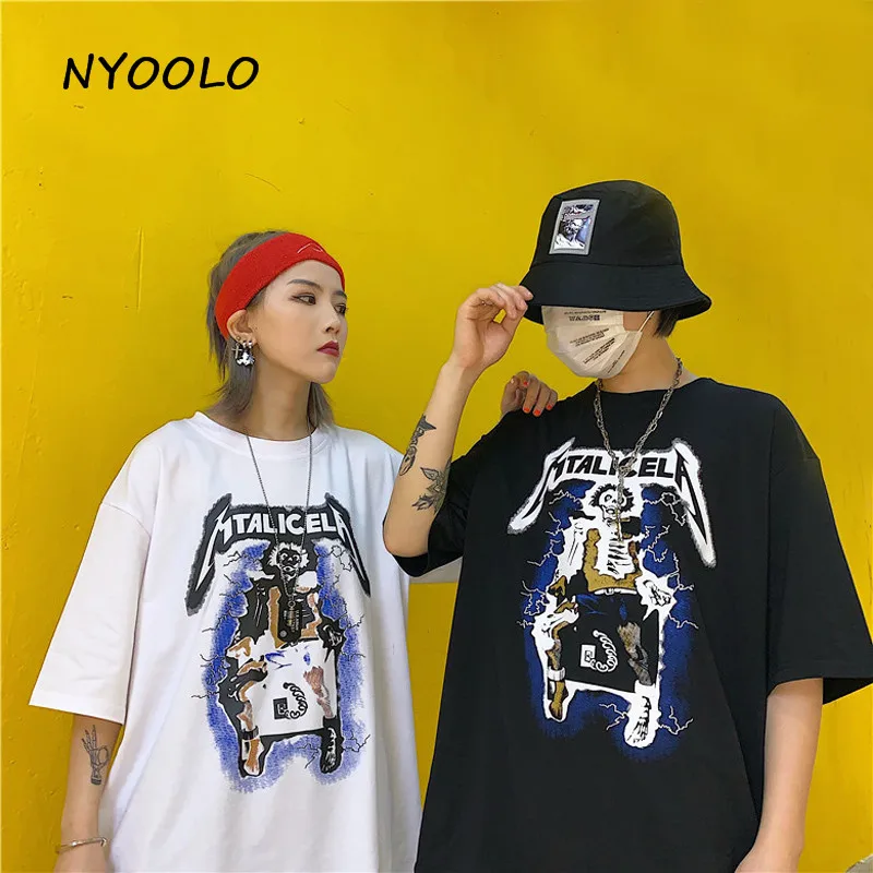 

NYOOLO Harajuku style electric shock skull letter print tee shirt Summer streetwear short sleeve T-shirt women men clothing tops
