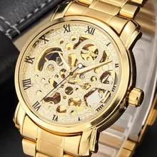 New Luxury Golden Mechanical Automatic Wrist Watch Rome Number Men Stainless Steel Band Skeleton Dial Mens Watch Time Gift M104