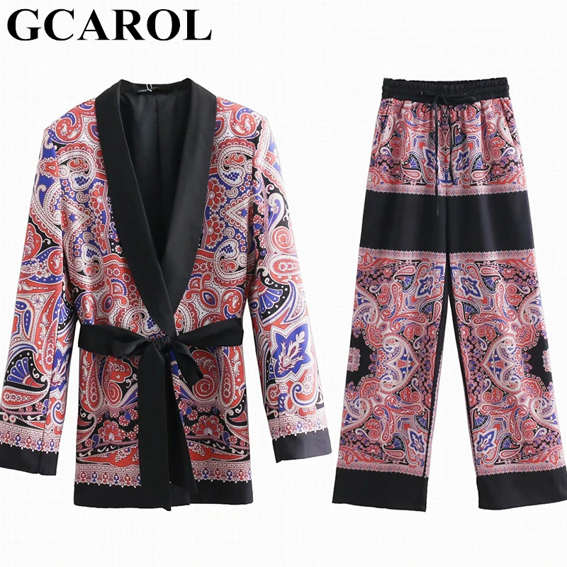 

GCAROL 2019 Totem Floral 2 Pieces Sets Women'sets Pajama Notched Blazer With Sashes Wide Leg Pants Retro Spring Summer Outfits