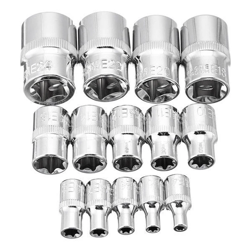 Newest 14Pcs E4 - E24 Star Driver Socket Set Hex Torx Torq Torque Bits 1/4 3/8 1/2inch