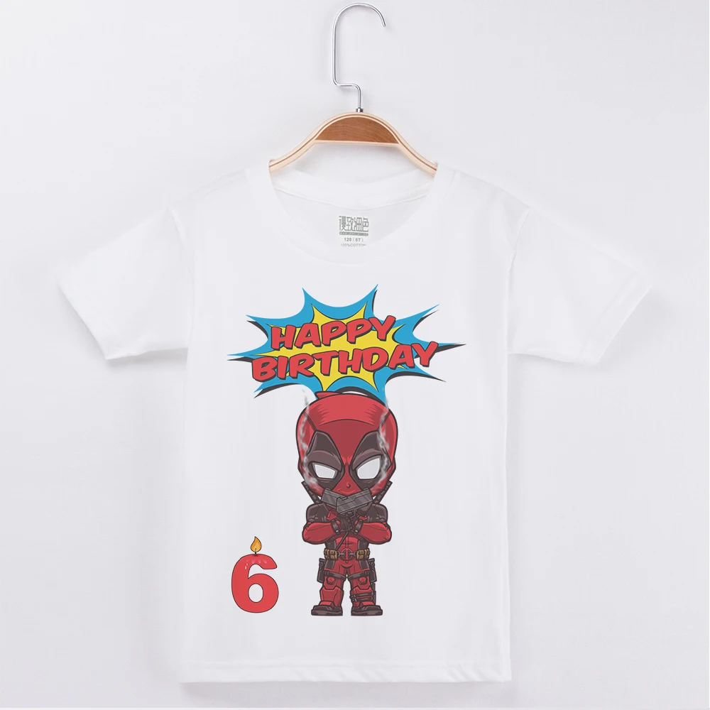

Brand Short Sleeve Kids Happy Birthday T-Shirt Cotton Fashion White Boys Tees Tops Deadpool Printing Child Clothes Party Tshirts