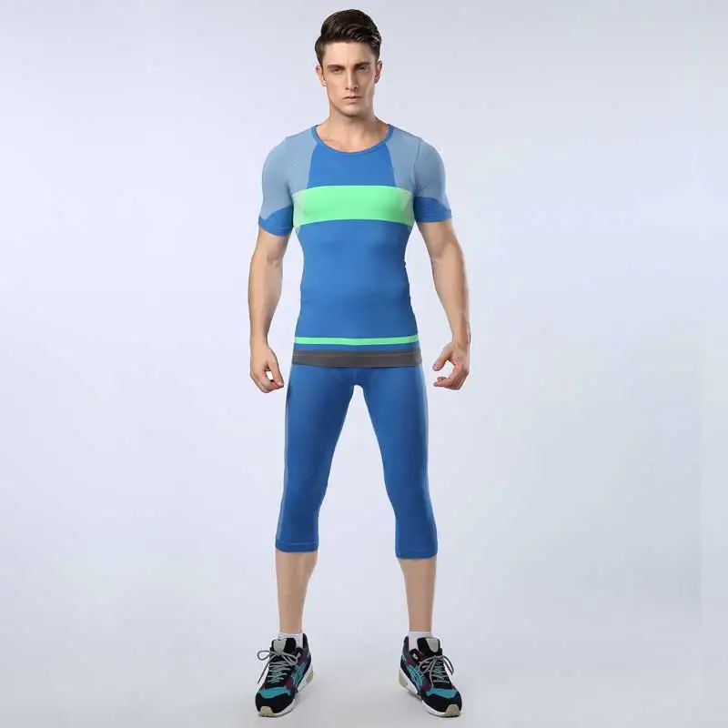 Синий Для мужчин Pro фитнес набор быстросохнущие упражнения Gymming топ+ короткая футболка майка спортивная пляжная доска работает Yogaing Танк футболка V1415 - Цвет: Синий