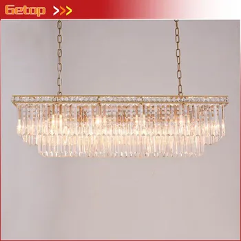 

American Gold Rectangular Crystal Chandelier Crystal Frame Antique Creative Luxury Lights Restaurant Study Crystal Pendant Lamp