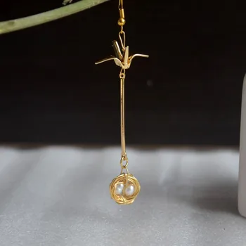 

a Pair Stork Delivering Baby Bird Nest Egg Pearl Geometry Long Gold Color Drop Earrings For Women Boho Fashion Jewelry Bohemian
