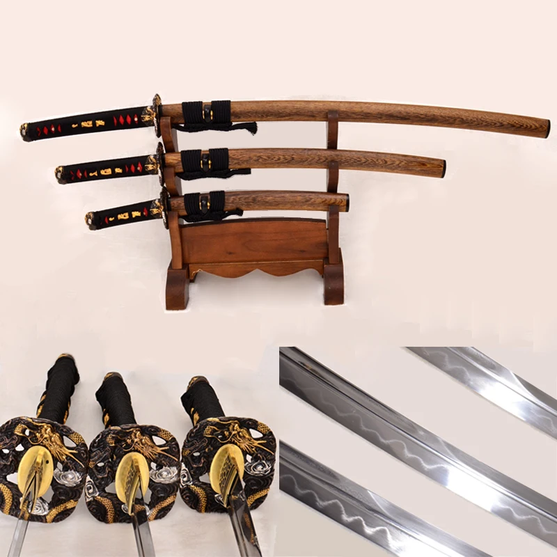 

Hand Forged Japanese Samurai 3 Dragon Swords Set (Katana + Wakizashi+ Tanto) Clay Tempered Damascus Steel Hualee Wood Saya Sharp