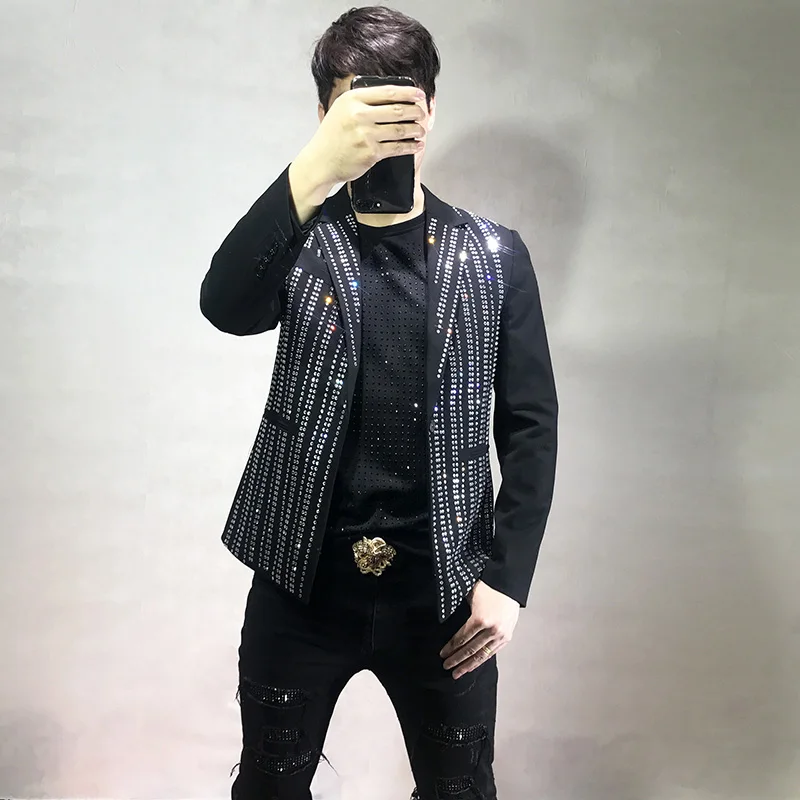 

mens black rhinestone luxury tuxedo jacket/bar/studio/dance/stage performance/jacket /Asia size/Max 77.5KG