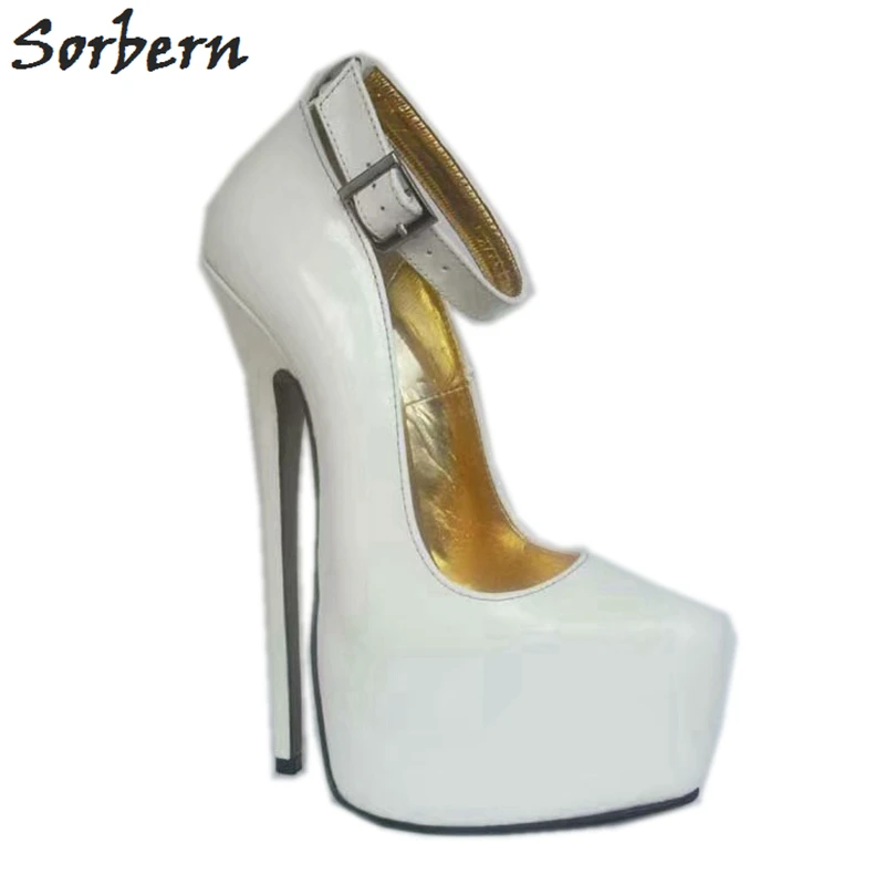 Sorbern/лакированные белые женские туфли-лодочки с ремешком на щиколотке; женские туфли с острым носком на каблуке 8 дюймов; размеры 45; женские туфли-лодочки на очень высоком каблуке - Цвет: Белый