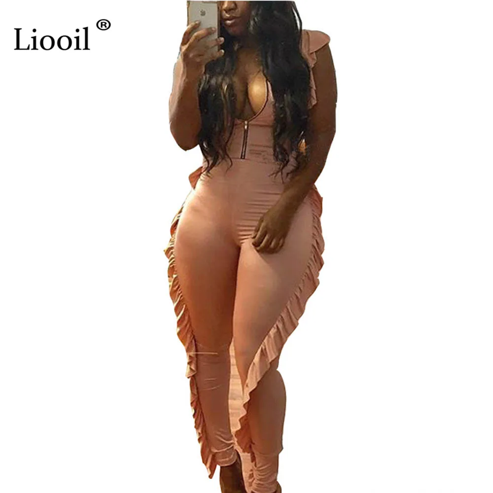 Liooil Sexy Skinny Ruffle Rompers Womens Jumpsuit Long Pants Short Sleeve Zipper Bodycon Party African Woman Jumpsuits Overalls