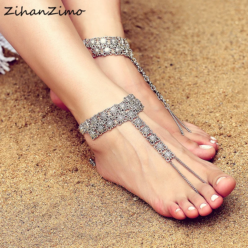 

Single Vintage Anklet Exaggerated Bohemian Beach Anklet Alloy Engraving With Finger Chain Jewelry Female Foot Accessories