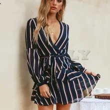 Cuerly Ruffle bow v neck striped dress women Autumn short wrap party dress female vestidos summer beach chiffon dresses L5 ruffle trim spot chiffon wrap dress