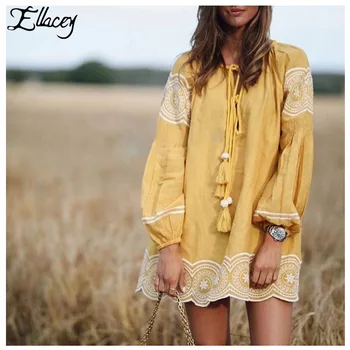 

Ellacey New Spring Autumn Vintage Floral Embroidery Dress Woman Long Sleeve Flower Tassel Mini Dresses Female Girl Loose Dress