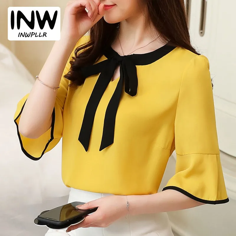 

Summer Womens Blouses And Tops Bow Patchwork Office Shirts Women Short Sleeve Chiffon Blusas Mujer Plus Size Tops Ladies 2018