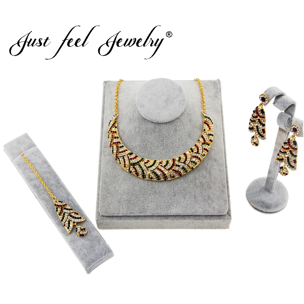 

JUST FEEL New Luxury India Crystal Jewelry Sets Gold Color Tree Earrings Headdress Necklace Choker Collar Wedding Accessories