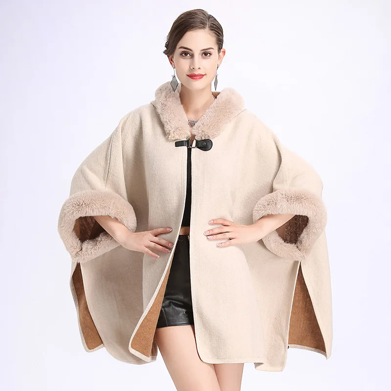 SC127, зимнее теплое пончо большого размера, из искусственного кашемира, шаль для женщин, имитация кроличьего меха, кардиган, пальто с шапкой - Цвет: Same Color As Photo