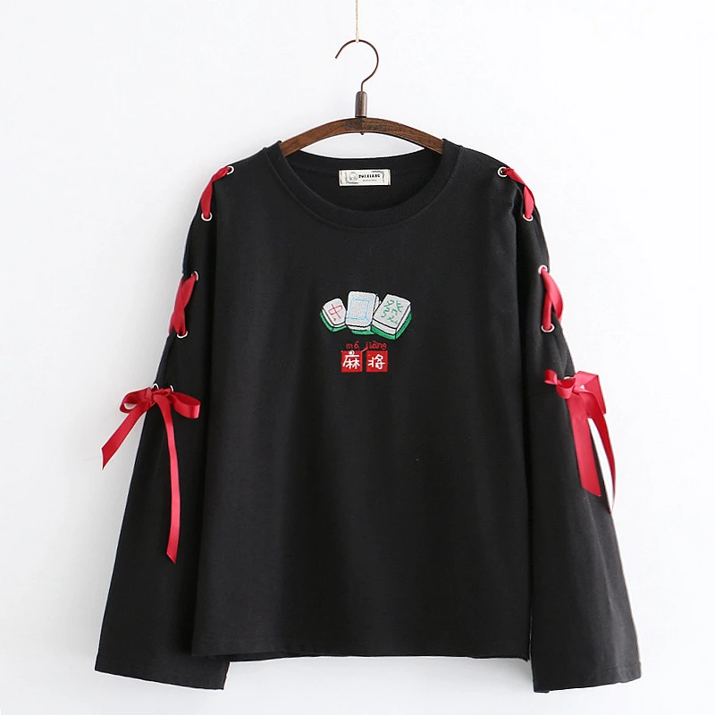  MERRY PRETTY Women Cartoon Embroidery Lace Up Hoodies 2019 Spring Long Sleeve O-Neck Cotton Pullove