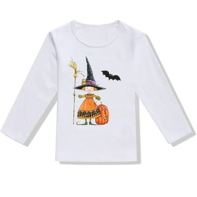 2 3 4 5 6 Years Boy Tshirt Cartoon Print Halloween Outfits Long Sleeve Girls Tops Cotton Tee Kids Fashion Clothing Summer - Цвет: White