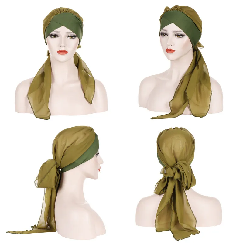 

Lady muslim silk hijab turban cap fashion chiffon long tail wrap bonnet elastic islamic femme musulman plain color headscarf hat