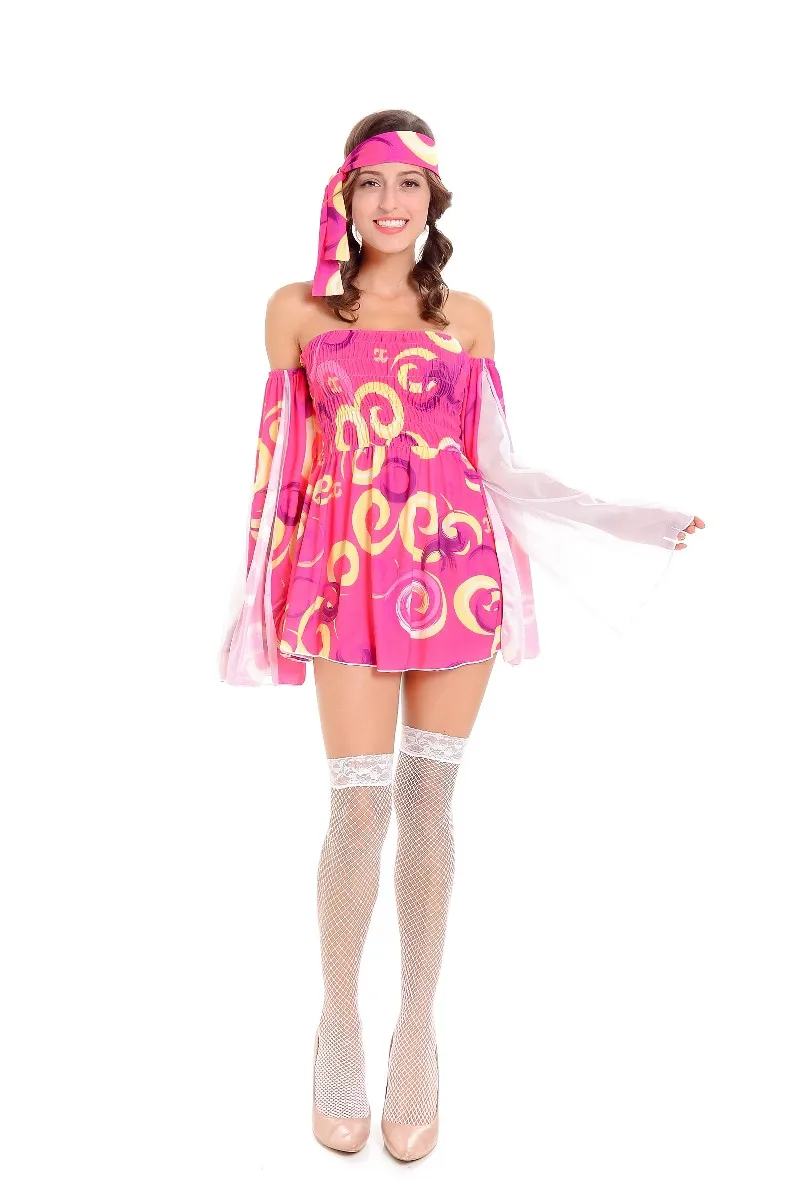 Бесплатная доставка 60 s хиппи костюм 3s1803 взрослых фуксия Для женщин баварец карнавальный платье рубашка