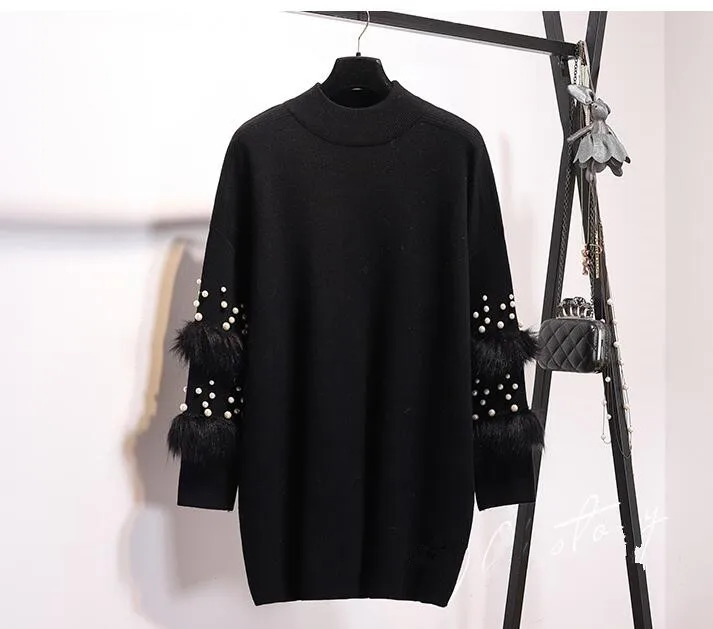 New Faux Fur Embellished Sleeve Sweater Long-sleeve Jumpers with pearls Turtleneck Pull Casual Pullovers Jersey Mujer Invierno New Faux Fur Embellished Sleeve Sweater Long-sleeve Jumpers with pearls Turtleneck Pull Casual Pullovers Jersey Mujer Invierno