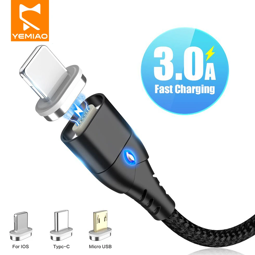 

Yemiao 3A Magnetic Charging Cable For Apple iPhone Micro USB Type C LED Indicator Mobile Phone Cable Charger Fast Charging Wire