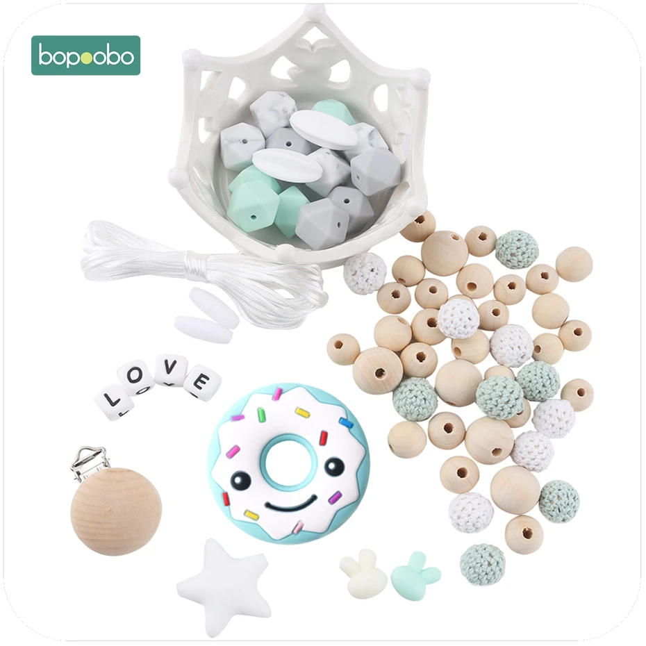 

Bopoobo 1Set Silicone DIY Set Wooden Beads Mommy Hands-on Baby Birthday Gift Cartoon Donut BPA Free Bracelet Baby Teether