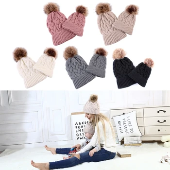

2Pcs Mother Kid Child Hats Warm Winter Knit Beanie Caps Mom Baby Crochet Warm & stylish Hats