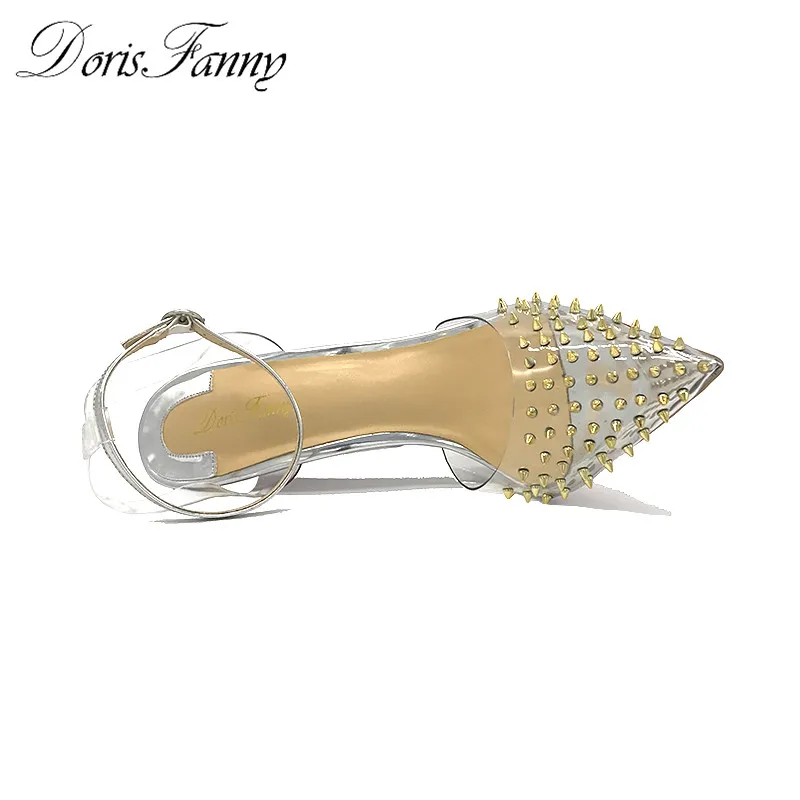 Cena Doris Fanny Slingback kobiety buty 2018 nowa wiosna letnie klapki przezroczyste obcasy pcv nity buty ślubne przezroczyste ramiączka obcasy