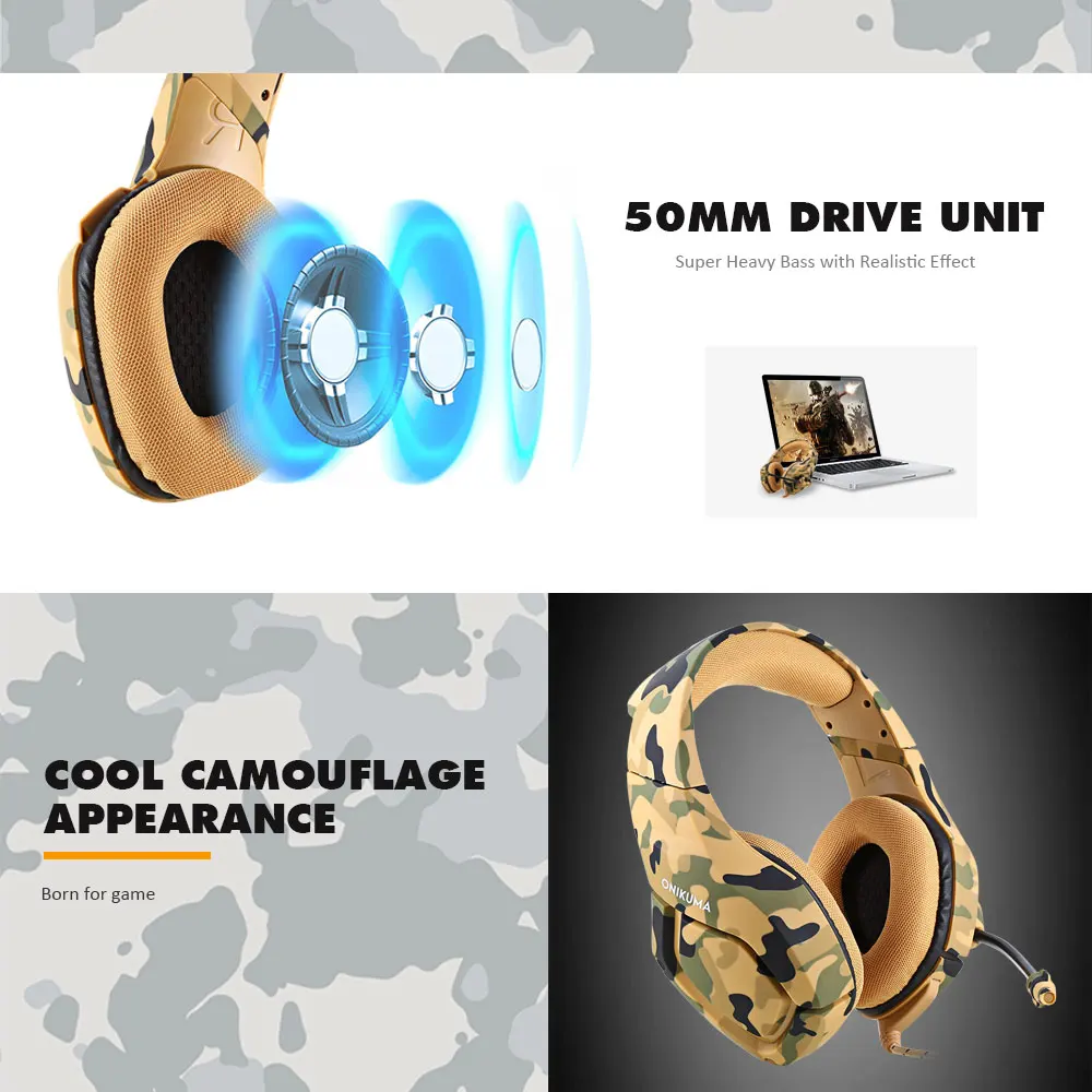 ONIKUMA K1 Stereo Gaming Headset 2.2m Cable Camouflage Appearance Bass Over-ear Headphones with Mic for Computer Game
