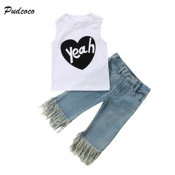 

Pudcoco Fashion New Toddler Kids Girls Summer Outfit Sleeveless Heart Print Vest T-shirt Top+Tassel Jean Denim Pant 2PCS Clothes
