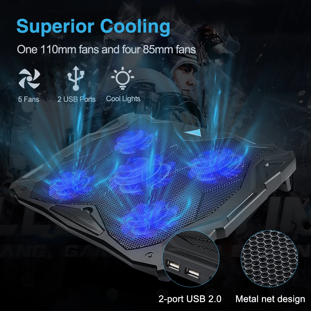 

TeckNet Laptop and Notebook Cooling Pad With 5 Fans at 1500 RPM and Blue LED Laptop Cooler fits 12"-17"