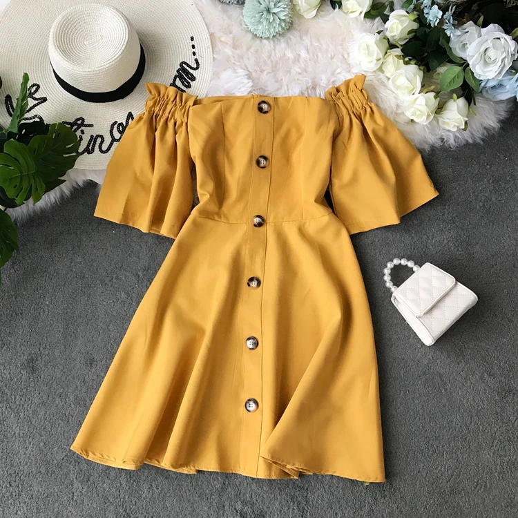 

2019 New Fashion Women's Dresses Solid Color Flare Sleeves Single-breasted High Waist One-shoulder Strapless Slim Dress Nancylim
