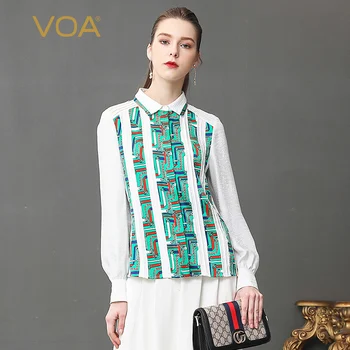 

VOA Silk Jacquard Blouse White Slim Office Shirt Plus Size 5XL Women Tops Long Sleeve Basic Formal Summer Print Casual B336