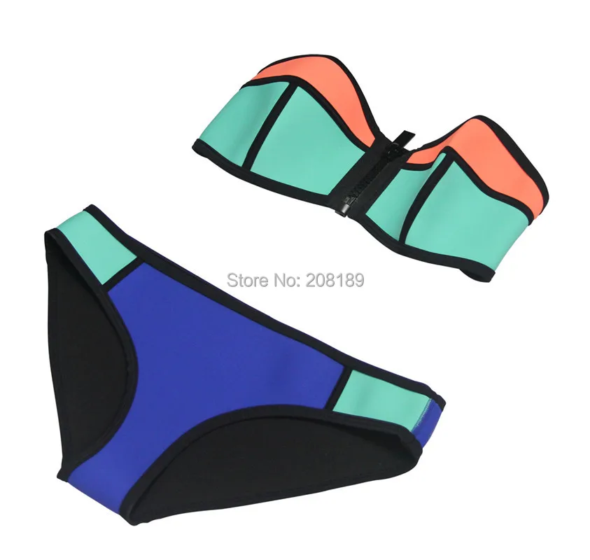 

MUXILOVE High Quality Bandeau Zip Colored Wet Suit Bikini Swimwear Women Neoprene Set Swimsuit Bathing Suit Top & Bottom Biquini