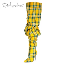 Ограниченная серия розовые ладони; женские облегающие высокие сапоги зимой Ботфорты Для женщин на высоком каблуке, ботинки в клеточку Женская