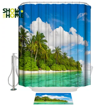 

Showhome Blue Ocean Background Shower Curtain Doormat Sets Waterproof Outdoor Toilet Modern Rings Funny Women Cute Cool 12 Hooks