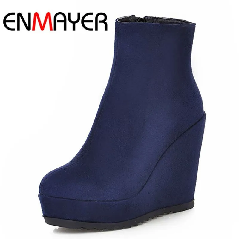 

ENMAYER New Women Boots High Quality Round Toe Ankle Boots Fashion High Heels Platform Autumn Winter Wedges Boots for Women Sale