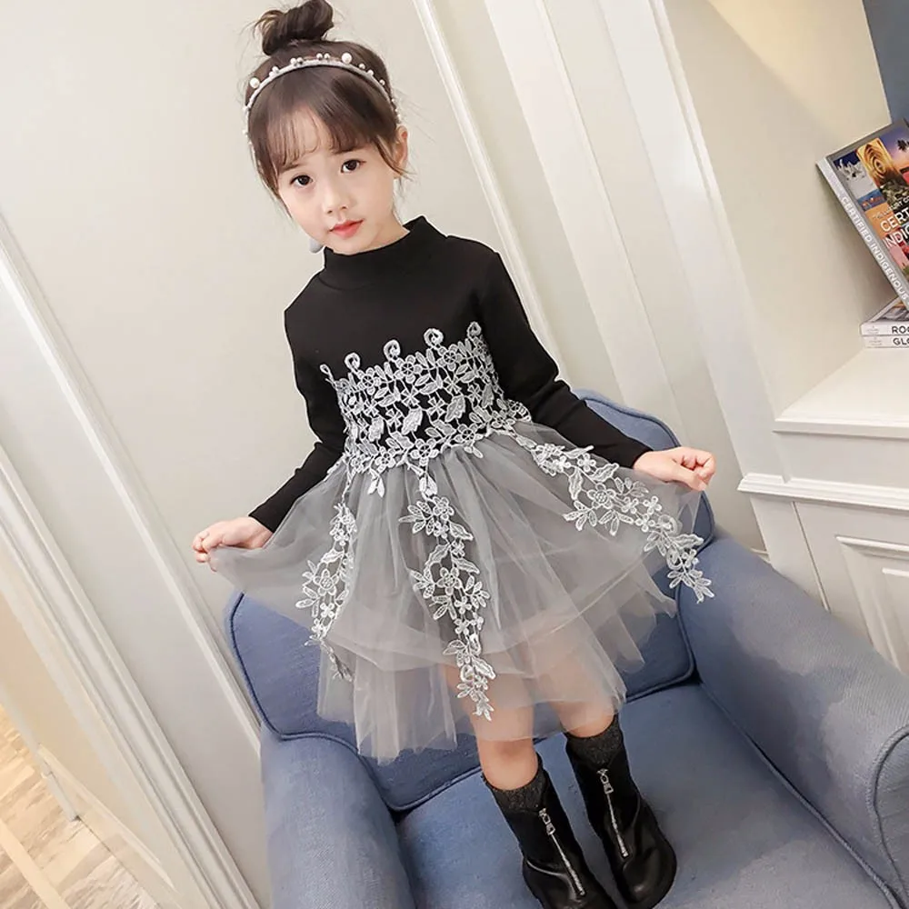 Toddler Kids Baby Girls Dress Winter Clothes Long Sleeve Lace Patchwork