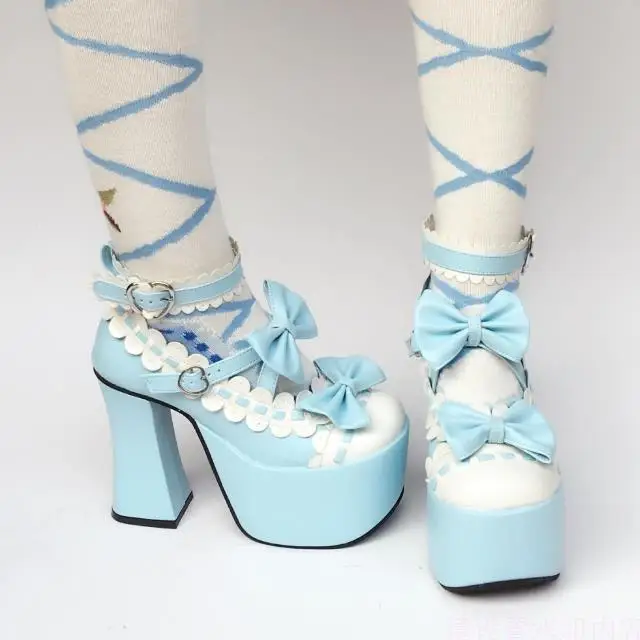 Gothic-12-CM-Super-High-Heel-Blue-and-White-Trim-Leather-Pumps-Sweet-Lace-Trim-Bowknot-Strap-Lolita-Girls-Shoes-3