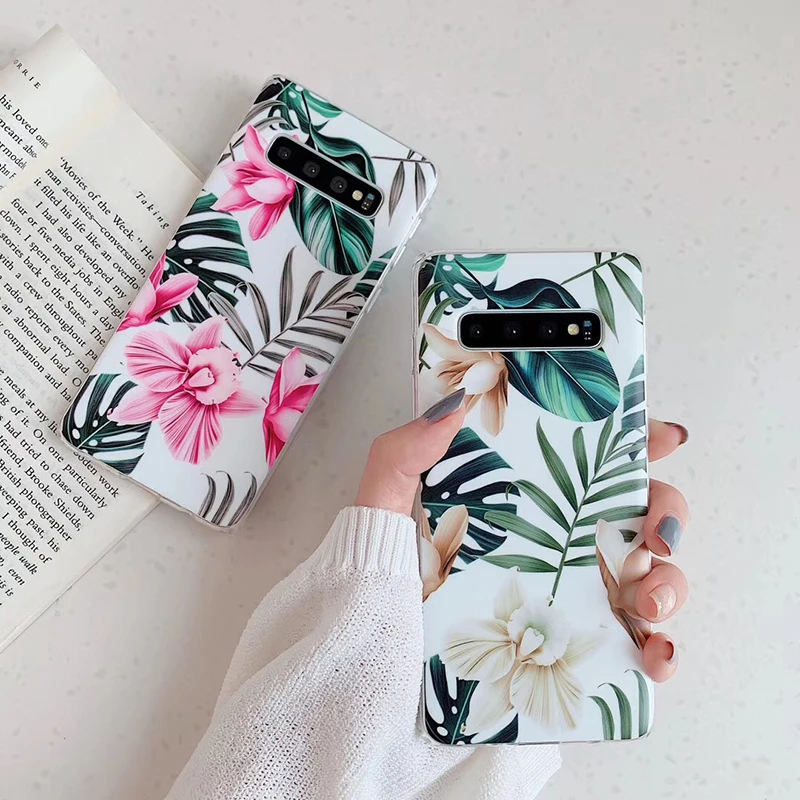 

Cases for Samsung S10 S9 S8 S10e Green leaves flowers frosted IMD soft TPU cover for Samsung S9Plus S8Plus S10Plus back cases