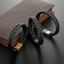 MOGE трендовые плетеные кожаные браслеты мужские черные браслеты из нержавеющей стали с застежкой черные/коричневые браслеты с цепочкой панк-браслет