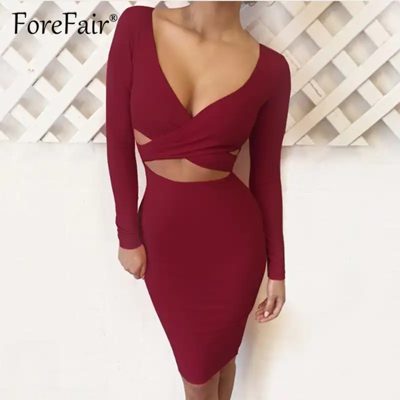 v neck midi bodycon dress