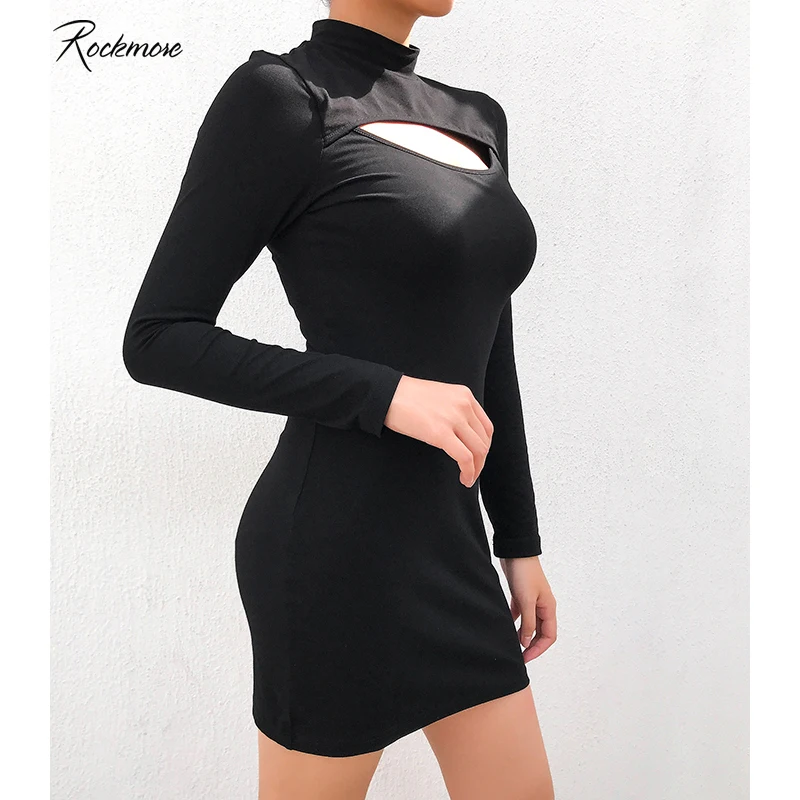 

Rockmore Black Gothic Long Sleeve Above Knee Mini Dress Women Korea Casual Cotton Hollow Out Dresses O-Neck Streetwear Autumn