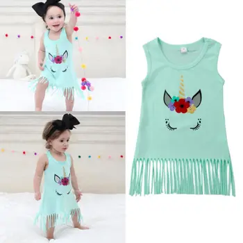 

Summer Baby Kids Girls Unicorn Cartoon Dress Girls Toddler Tassel Cute Party Princess Casual Dress 2018 New Hot Sale