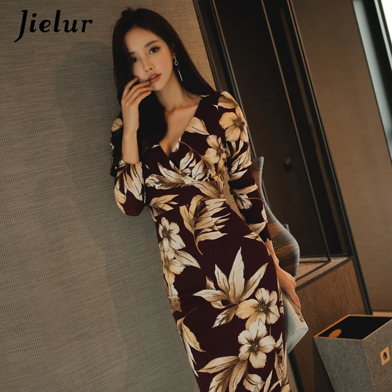 Jielur الربيع اللباس المرأة الخامس الرقبة الأزهار طباعة البوهيمي Bodycon اللباس ضئيلة حزب عطلة مثير فساتين خمر Vestidos دي فييستا