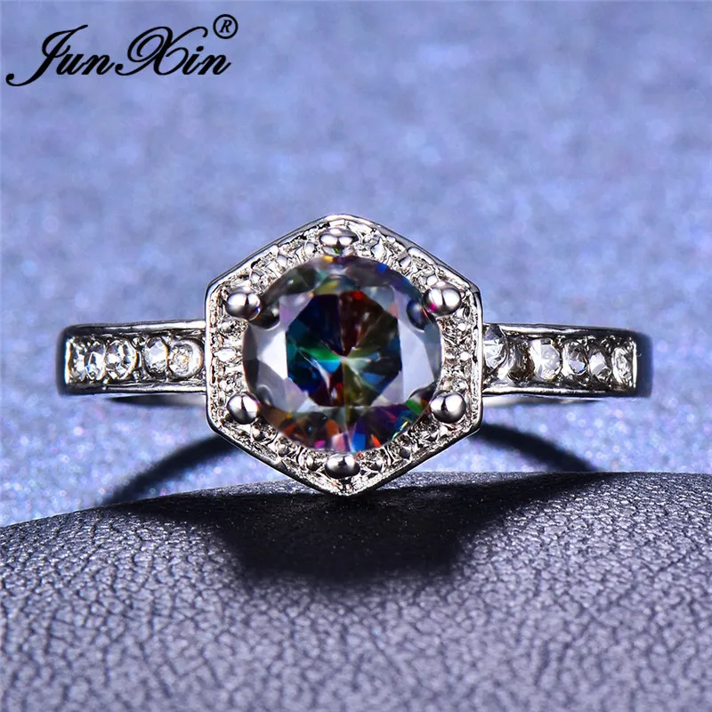 JUNXIN Mystic Fire Hexagon Rings For Women 925 Silver Filled Rainbow Birthstone Thin Ring Female Crystal Wedding Bands Boho Ring