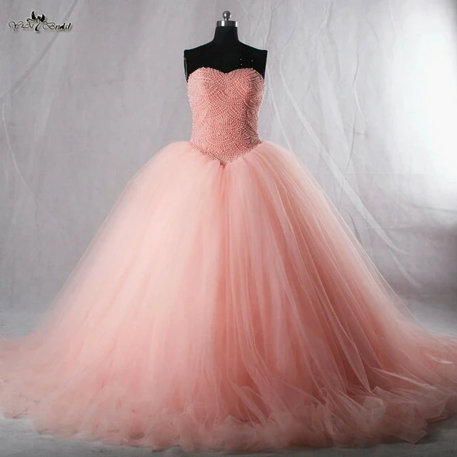 rose gold puffy prom dress