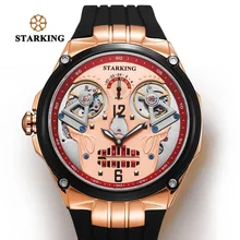 STARKING Watch Men 50M Water Resistant Swimming Watches Cool Swiss Design Double Mechanical Movt Skeleton Skull Watches Relogio